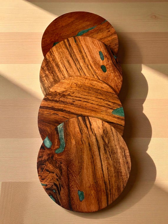 Mesquite Wood Coasters (4) With Turquoise Pigment Inlay XX403