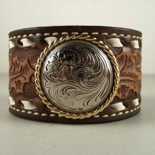 Cowboy Cuff from Repurposed Cowboy Belt With Silver & Gold Concho - Made in Texas