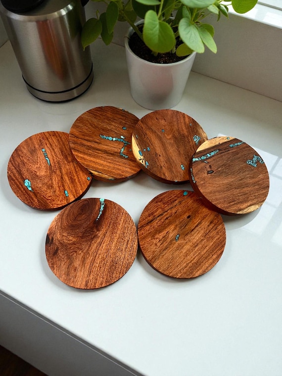 Mesquite Wood Coasters (6) With Real Turquoise Inlay XX401