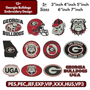 May include: A collection of Georgia Bulldogs embroidery designs featuring various logos, bulldog mascots, helmets, and text in red, black, white, and grey. The designs are available in 3, 4, 5, 6, and 7 inch sizes, compatible with PES, PEC, JEF, EXP, VIP, XXX, HUS, and VP3 file formats.