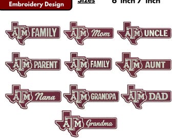 Texas State Familie Maschinenstickerei Design Aggie Spirit Embroidery Universitätslogo Stickerei Sport Team Stickerei Pes