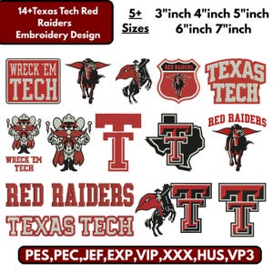 May include: A collection of 14+ Texas Tech Red Raiders embroidery designs in red, black, and white. Features include the masked rider on horseback, the double T logo, the state of Texas outline, and text reading Wreck 'Em Tech and Red Raiders.