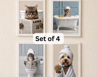 Funny Dog Bathroom Portrait Set – 4 Custom Dog Wall Art Prints from Photo - Digital Download