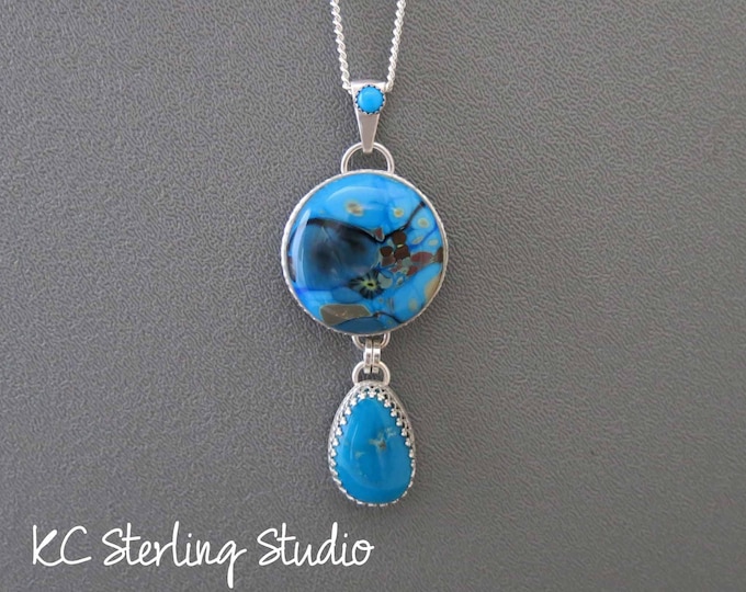 Lampwork glass stone and American turquoise pendant necklace with sterling silver