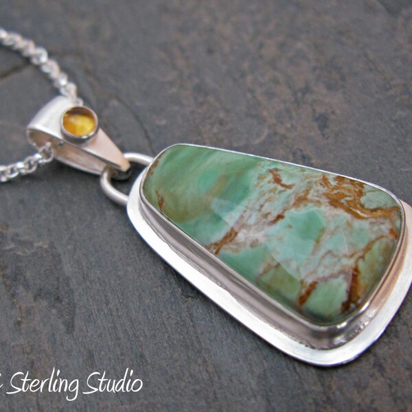 Natural variscite and sterling silver metalsmithed necklace on rolo chain