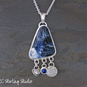 Natural deep blue sodalite pendant necklace with lapis and sterling silver - metalsmith silversmith