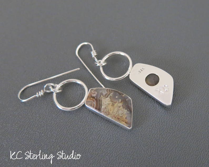 crazy lace agate and sterling silver handmade dangle earrings metalsmith silversmith