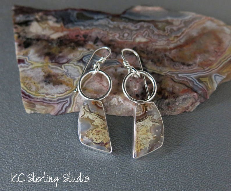 crazy lace agate and sterling silver handmade dangle earrings metalsmith silversmith