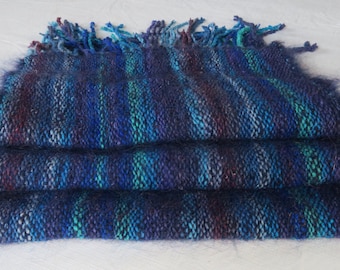 Handwoven scarf blue green turquoise purple mohair cotton wool silk