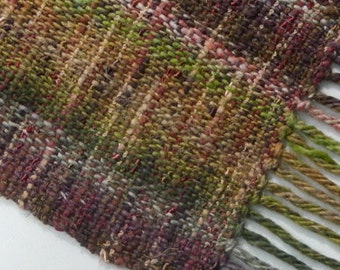 Handwoven cotton rayon wool silk scarf wine olive stripe