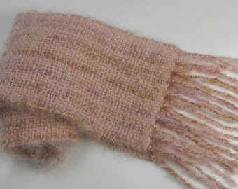 Handwoven mohair brushed wool scarf pink mauve gold