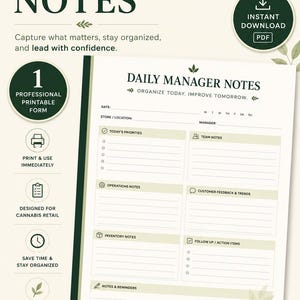 May include: A printable Daily Manager Notes form featuring sections for date, store location, manager, today's priorities, team notes, operations notes, customer feedback, inventory notes, follow-up action items, and notes and reminders.