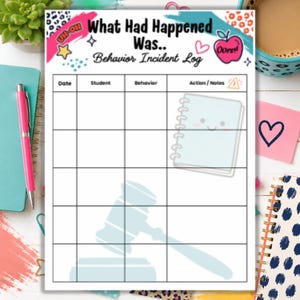 May include: A behavior incident log sheet titled What Had Happened Was.. with columns for Date, Student, Behavior, and Action/Notes. The document features a light blue notebook illustration with a face and a light blue gavel graphic overlay.