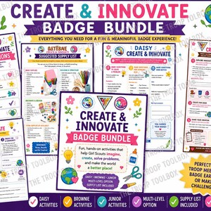 Może przedstawiać: Cyfrowy zestaw odznak zawierający wiele arkuszy aktywności do druku z tytułem Create & Innovate Badge Bundle. Strony zawierają listy, instrukcje oraz grafiki żarówek, globusów, serc i przyborów plastycznych w kolorowych wzorach.
