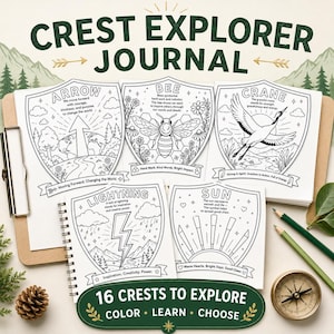 May include: The Crest Explorer Journal is a collection of coloring pages featuring sixteen shield-shaped designs. Each page displays a unique emblem, such as an arrow, bee, crane, lightning bolt, or sun, accompanied by descriptive text and inspirational quotes.