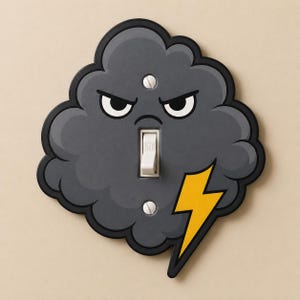 May include: A dark gray storm cloud light switch cover featuring a cartoon face with an angry expression and a yellow lightning bolt. The switch plate has a white toggle switch in the center and is secured by two visible silver screws.