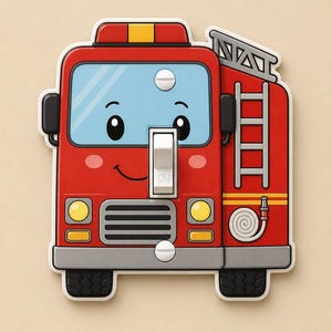 May include: A red fire truck light switch cover featuring a cartoon face with a light blue windshield, yellow headlights, a black grille, and a white ladder on the side. A white toggle switch is centered in the middle with the word ON printed on it.