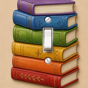 May include: A light switch cover plate designed to look like a vertical stack of six colourful books in purple, blue, green, yellow, orange, and red. The white toggle switch is positioned in the centre, secured by two visible silver metal screws.