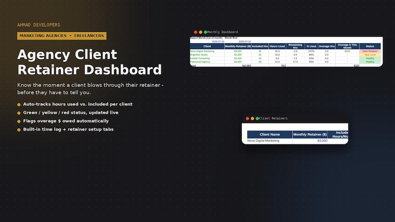Client Retainer Tracker Excel Template | Agency Hours and Overage Billing Dashboard | Digital Download image 1