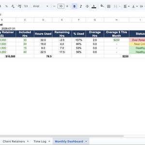 Client Retainer Tracker Excel Template | Agency Hours and Overage Billing Dashboard | Digital Download image 7