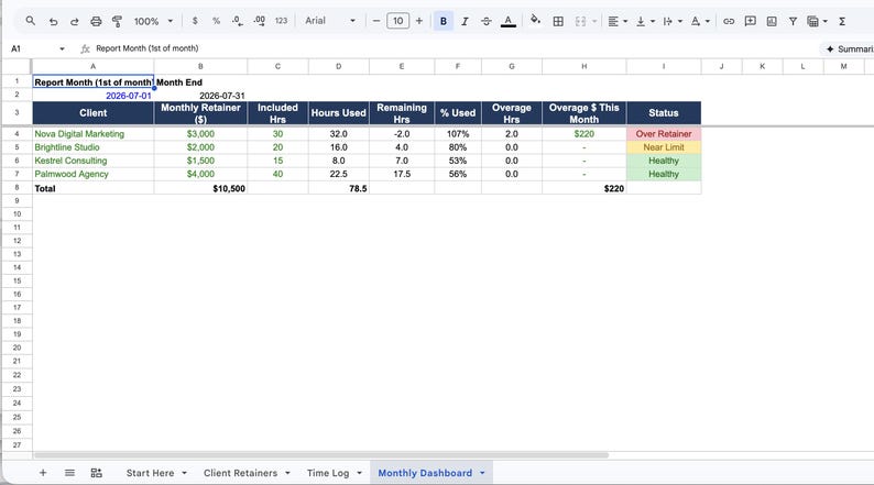 Client Retainer Tracker Excel Template | Agency Hours and Overage Billing Dashboard | Digital Download image 7