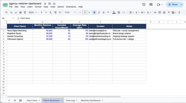 Client Retainer Tracker Excel Template | Agency Hours and Overage Billing Dashboard | Digital Download image 5