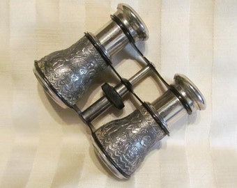 1940s Opera Glasses Field Binoculars Occupied Japan Egyptian Motif Silver Alloy Chrome Black Enamel Very Good to Excellent Condition