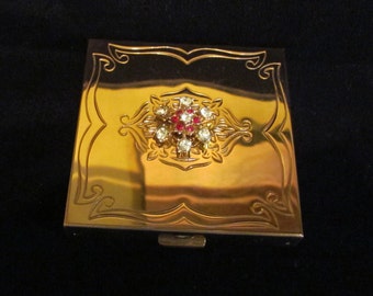 Vintage 1950s Volupte Powder and Mirror Compact Art Nouveau Compact Rhinestone Compact Unused Made in USA Excellent to Near Mint Condition