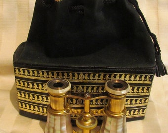 Antique LeMaire FI Paris Opera Glasses Mother of Pearl with Leather Tote Purse 1800s Very Good to Excellent Condition