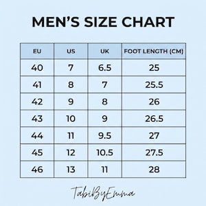 Puede incluir: Una tabla de tallas titulada MEN'S SIZE CHART con columnas para EU, US, UK y FOOT LENGTH (CM). La tabla enumera tallas de 40 a 46, tallas US de 7 a 13, UK de 6.5 a 11 y longitudes de pie de 25 a 28 cm. El texto dice TabiByEmma.