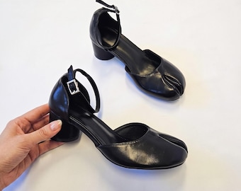Zapatos Tabi vintage para mujer, zapatos Mary Jane, bailarinas con punta dividida, zapatos de tacón de cuero estilo japonés, zapatos Mary Jane para mujer, zapatos planos retro hechos a mano.