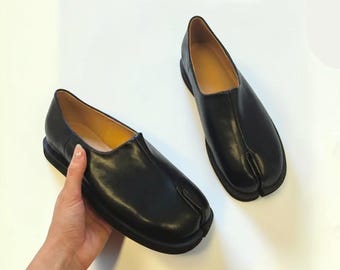 Leather Tabi Shoes Split Toe Loafers Japanese Style Mary Janes Handmade Retro Flats Moccasins Oxford Shoes Unisex