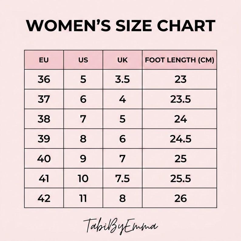 Puede incluir: Una tabla de tallas titulada WOMEN'S SIZE CHART con columnas para EU, US, UK y FOOT LENGTH (CM). La tabla enumera tallas del 36 al 42 con sus conversiones y longitudes de pie en cent&iacute;metros. El texto TabiByEmma aparece en la parte inferior.