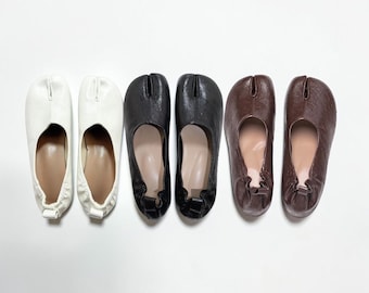 Zapatos Tabi de cuero con punta dividida, mocasines de tacón, estilo japonés, Mary Janes para mujer, zapatos planos retro hechos a mano, Tabis marrones, tacones negros, Tabis blancos.