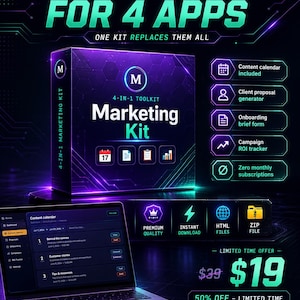 Peut inclure: Un coffret de kit marketing numérique aux accents néon violets et bleus, avec le texte "STOP PAYING FOR 4 APPS" et "Marketing Kit". Un ordinateur portable affiche une interface de calendrier de contenu. Des icônes illustrent les outils.