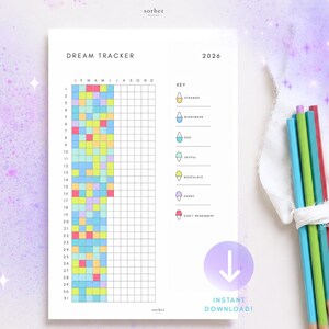 Puede incluir: Una página de planificador imprimible de seguimiento de sueños para 2026 con una cuadrícula que tiene columnas para los meses y filas para los días. El rastreador incluye una clave codificada por colores con iconos de conos de helado.