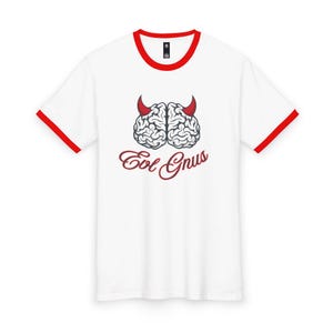 May include: A white ringer t-shirt with red trim on the collar and sleeves. The chest features a graphic of a grey brain with two red devil horns. Below the brain, the text "Eol Gnus" is printed in a red, cursive, stylized script font.