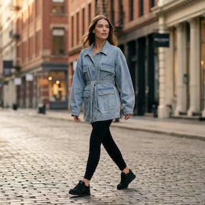 Oversized-Jeansjacke in heller Waschung mit Gürtel: Utility-Jacke für Damen