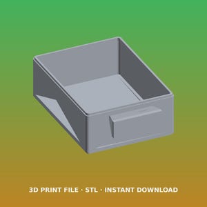 May include: A light grey, rectangular, open-top storage bin with a flat base and a small handle protrusion on the front side. The text at the bottom reads: 3D PRINT FILE - STL - INSTANT DOWNLOAD. The object is rendered in a simple, clean style.