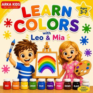 May include: Educational book cover titled Learn Colors with Leo & Mia featuring a boy holding a paintbrush and a girl holding a paint palette. A wooden easel displays a rainbow painting. Ten small paint jars labeled red, orange, yellow, green, blue, purple, pink, brown, black, and white are arranged in a row.