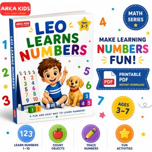 May include: A digital educational book titled Leo Learns Numbers for ages 3-7, featuring a cartoon boy and a puppy. The cover includes colourful numbers, a small whiteboard, and text stating Make Learning Numbers Fun and Printable PDF Instant Download.