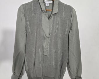 Vintage Sideffects 100% zijden kabelgebreide polotrui grijs maat M