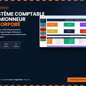 Peut inclure: Un système comptable numérique pour camionneurs sur fond sombre. L'interface présente un tableau de bord avec des blocs de données colorés, un menu latéral et des tableaux financiers. Le texte indique "SYSTÈME COMPTABLE CAMIONNEUR INCORPORÉ".