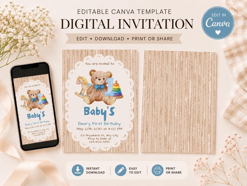 Beary First Birthday Invitation Template, Editable Teddy Bear Birthday ...