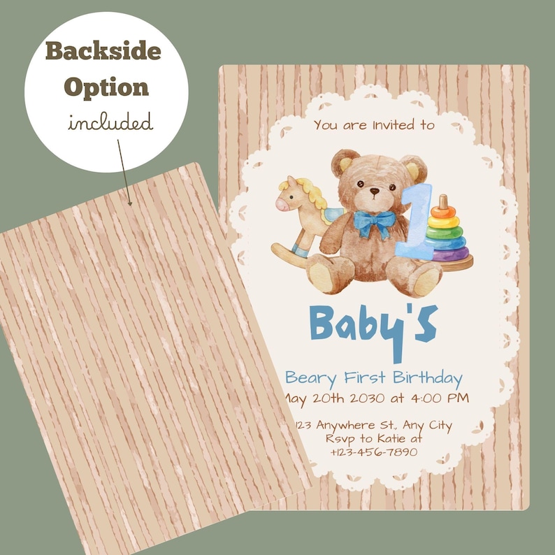 Beary First Birthday Invitation Template, Editable Teddy Bear Birthday ...