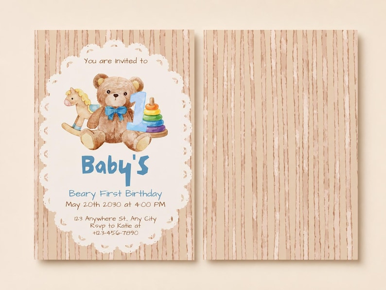 Beary First Birthday Invitation Template, Editable Teddy Bear Birthday ...