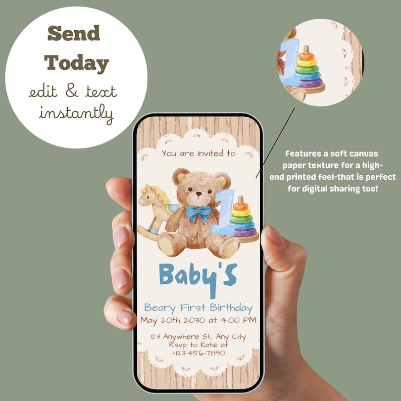Beary First Birthday Invitation Template, Editable Teddy Bear Birthday ...