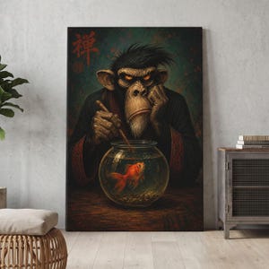 May include: A rectangular wall art print featuring a chimpanzee with dark fur and glowing orange eyes, wearing a black robe with red trim. The chimpanzee holds a thin stick over a glass fishbowl containing a single orange goldfish. Red Japanese text is visible in the upper left corner.