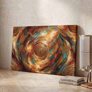 May include: A rectangular canvas wall art piece featuring a swirling abstract composition in shades of burnt orange, deep red, teal, and gold. The design incorporates intricate circular motifs, sun symbols, and geometric patterns throughout.