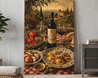 Op de afbeelding: Een verticale canvasprint met een Toscaans landschap en een tafel gedekt voor een maaltijd. De scène bevat een fles La Collina Toscana-wijn, een glas rode wijn, een kom met tomaten, een bord met caprese-salade en een bord met ravioli.